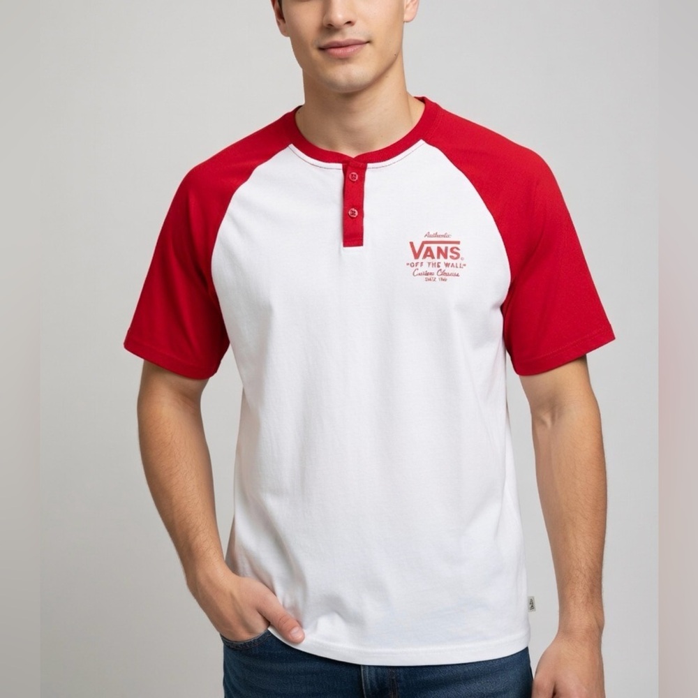 Vans Men's Short Sleeve Henley T-shirt Henley Size Medium Red & White